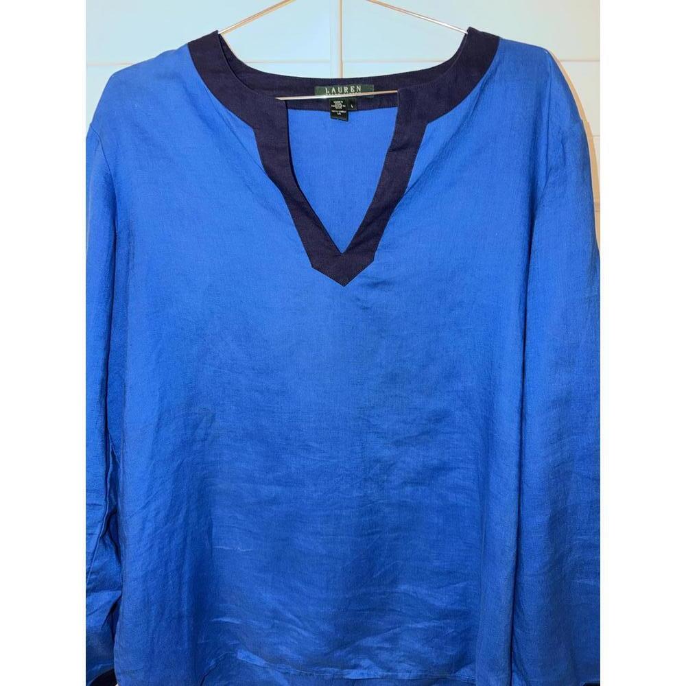 Lauren by‎ Ralph Lauren blue tunic top with navy trim size L 100% Linen - Picture 4 of 7